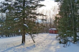 4.2-acre wooded property with 2-bedroom cabin near Fishtrap Lake in Sawyer County, WI, offering privacy, lake access, and Northwoods recreation
